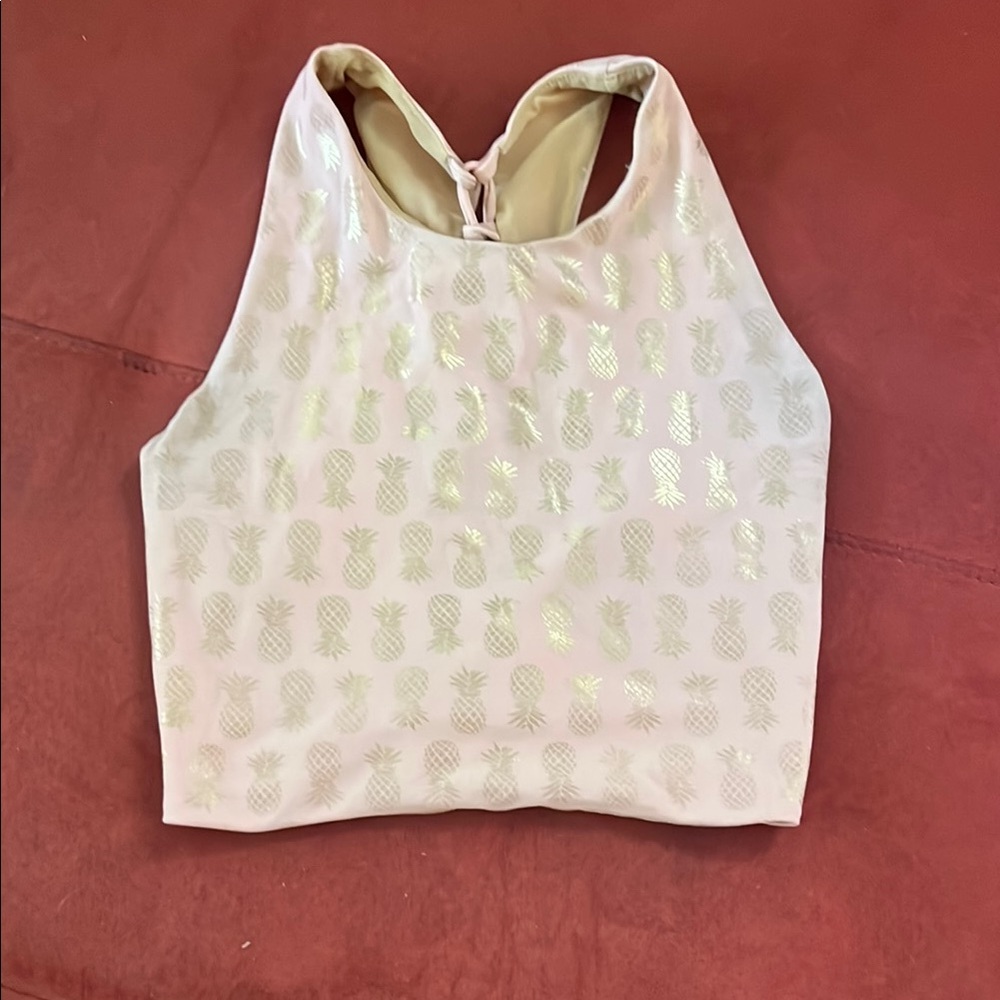 Pink and Gold Shimmer Pineapple Print Crop Top w Lace-up Back